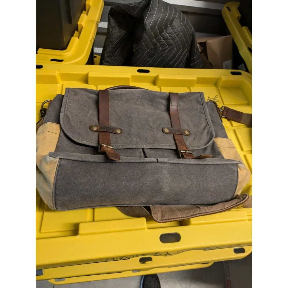 Messenger Bag Gray Canvas Brown Leather Satchel Cross Body Shoulder